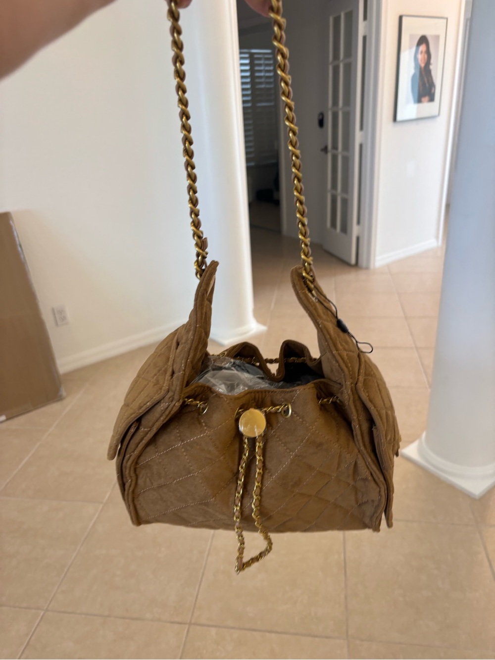 Quilted Caramel Shoulder Tote with Gold Chain Detail